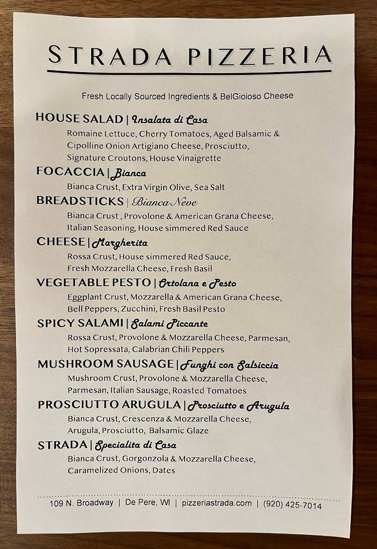 Strada Pizzeria - De Pere, WI menu_pic