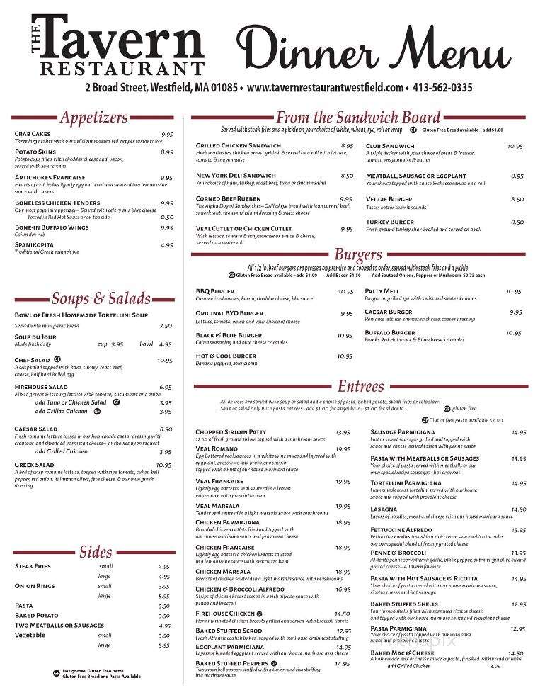 Tavern Restaurant - Westfield, MA menu_pic