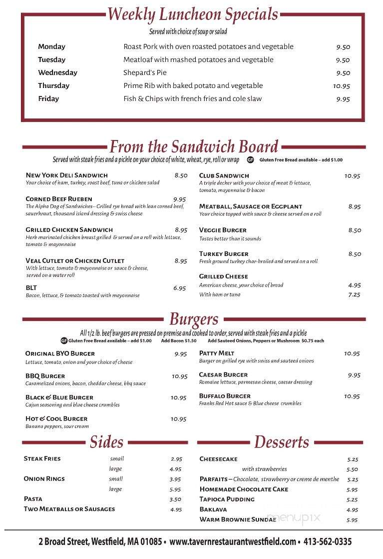 Tavern Restaurant - Westfield, MA menu_pic