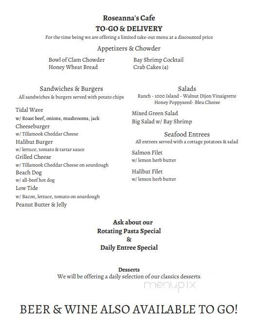 Roseanna's Cafe - Oceanside, OR menu_pic