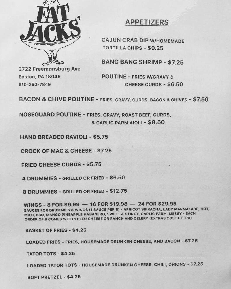 Fat Jacks' - Easton, PA menu_pic