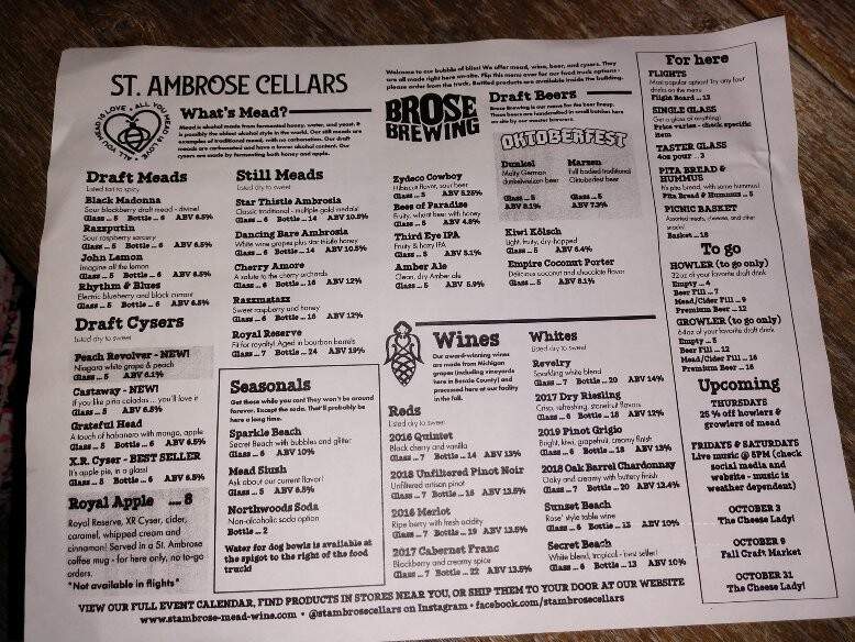 St. Ambrose Cellars - Beulah, MI menu_pic