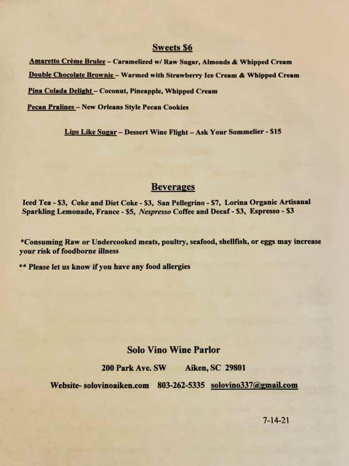 Solo Vino Wine Parlor - Aiken, SC menu_pic