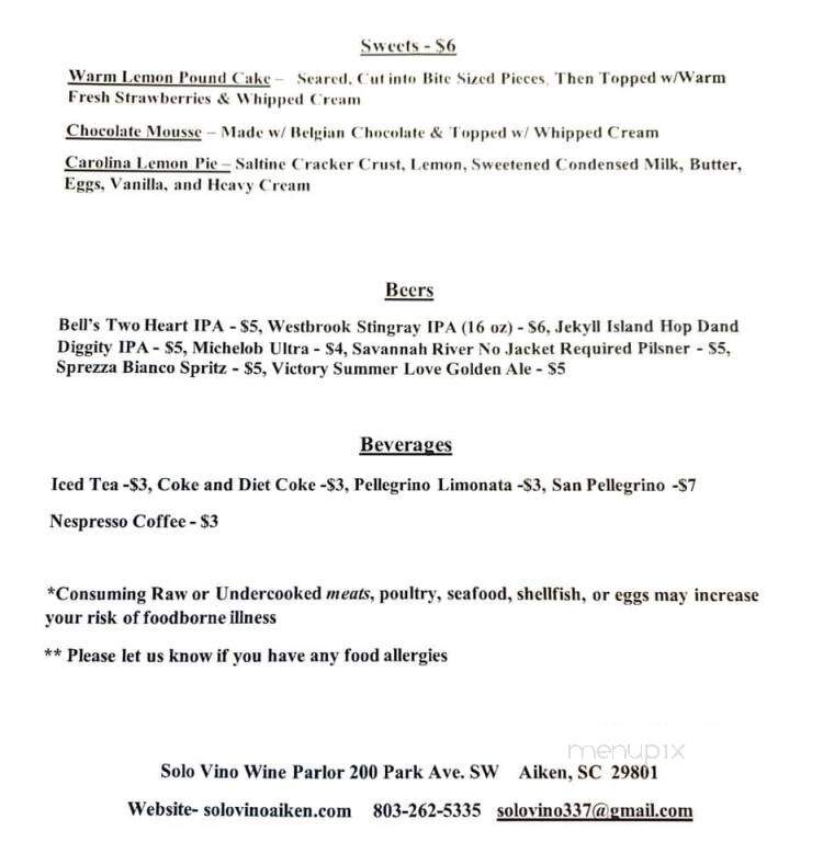 Solo Vino Wine Parlor - Aiken, SC menu_pic