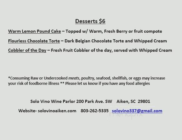 Solo Vino Wine Parlor - Aiken, SC menu_pic