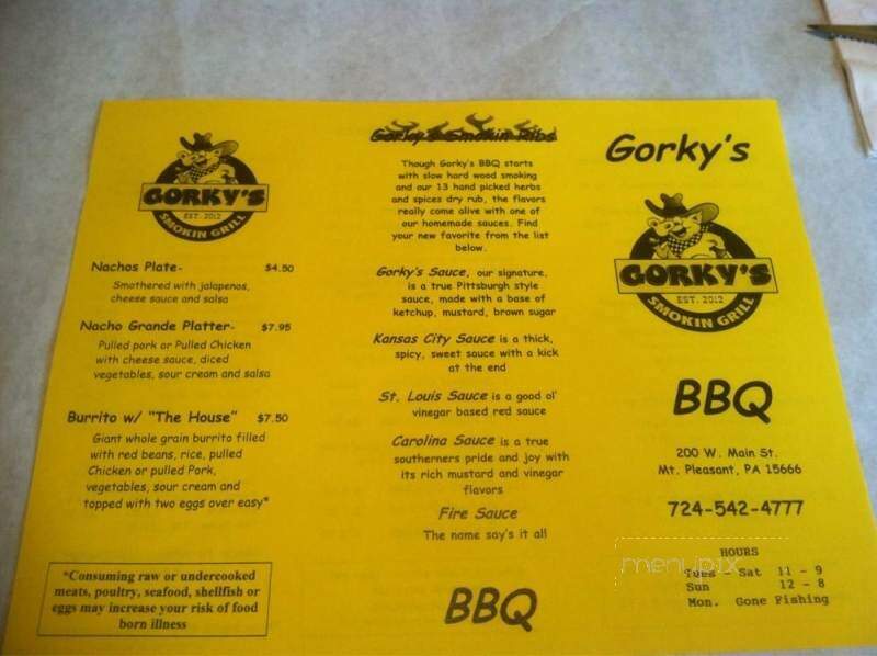 Gorky's Smokin Grill - Mount Pleasant, PA menu_pic