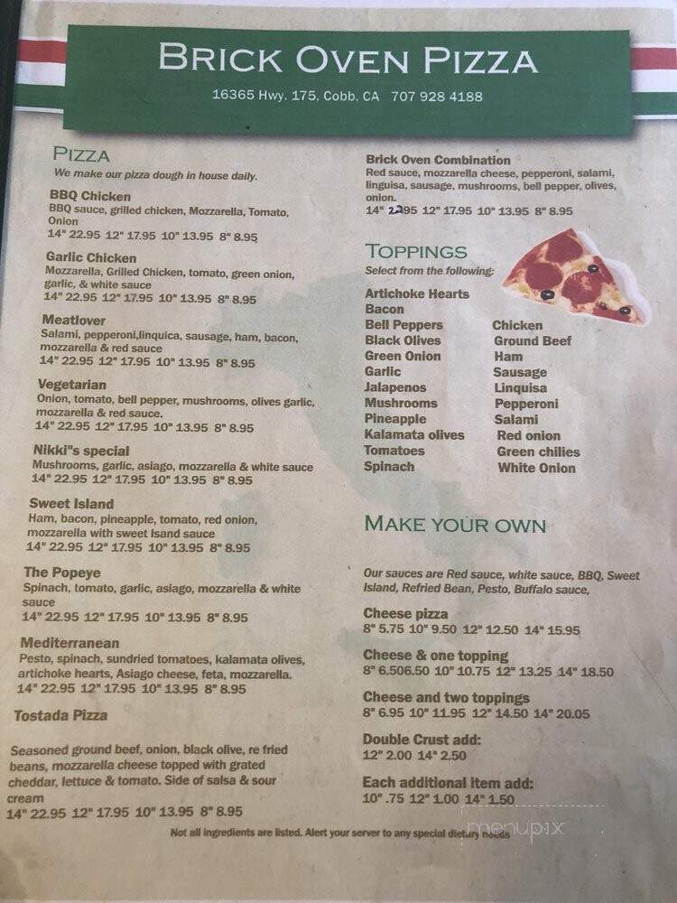 Brick Oven Pizza - Cobb, CA menu_pic