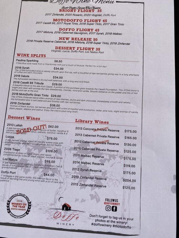 Doffo Wines - Temecula, CA menu_pic