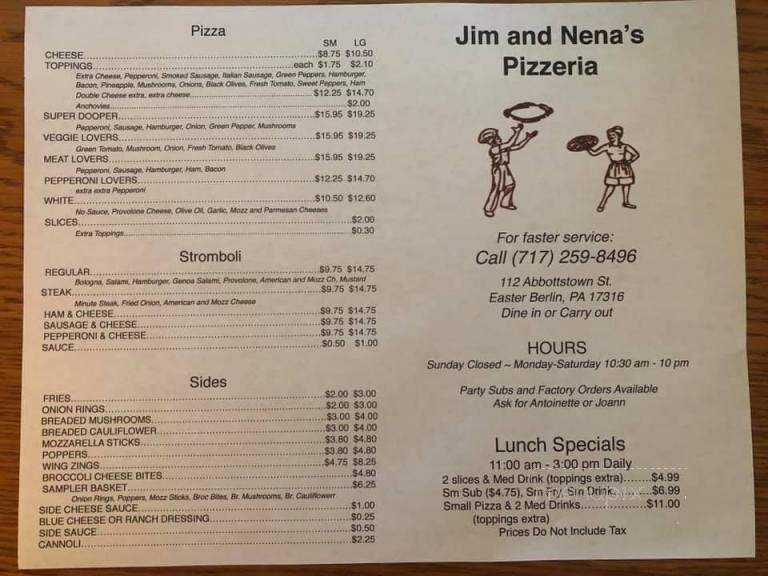 Jim & Nena's Pizzeria - East Berlin, PA menu_pic