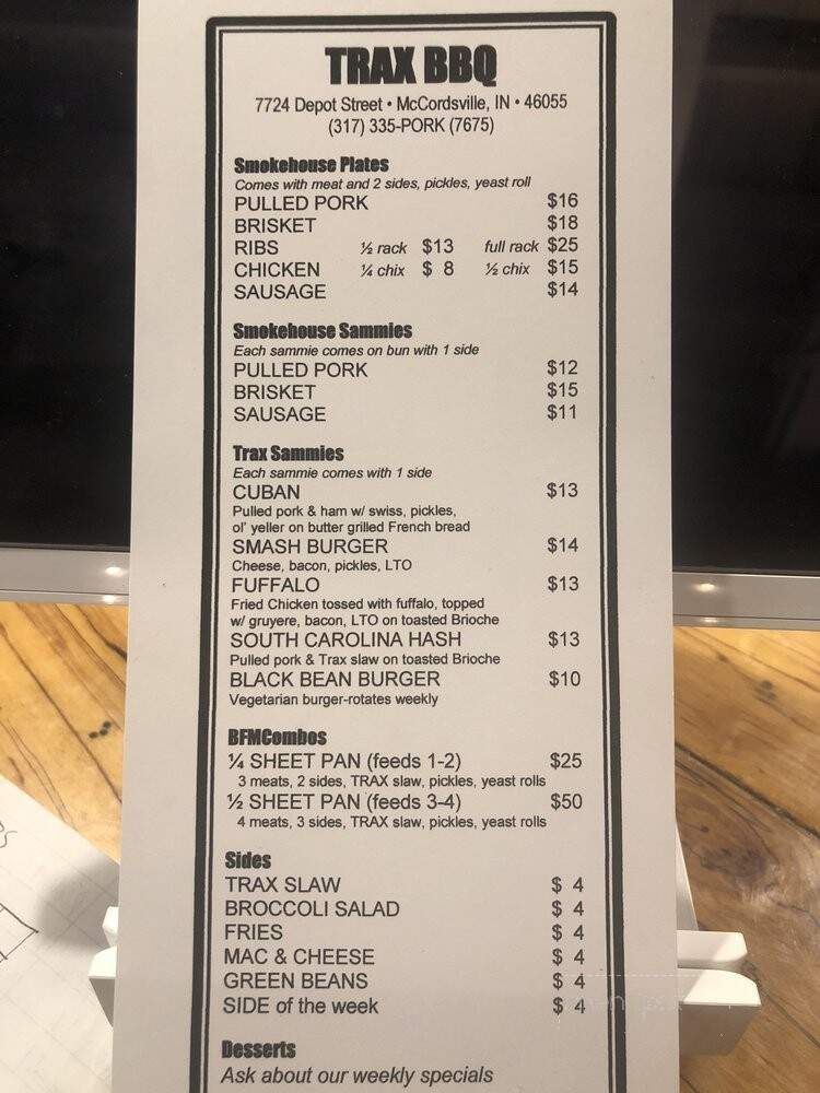 Trax BBQ - McCordsville, IN menu_pic