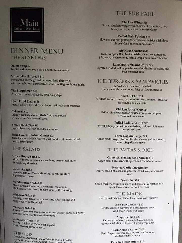 The Main Grill and Ale House - Kingsville, ON menu_pic
