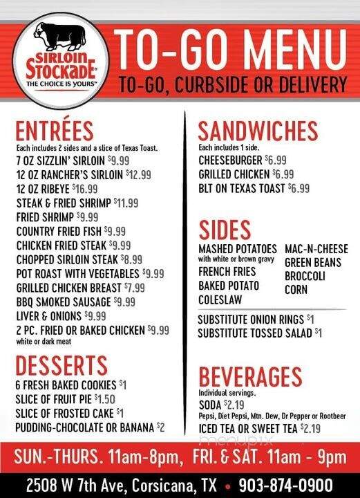 Sirloin Stockade Steakhouse - Corsicana, TX menu_pic