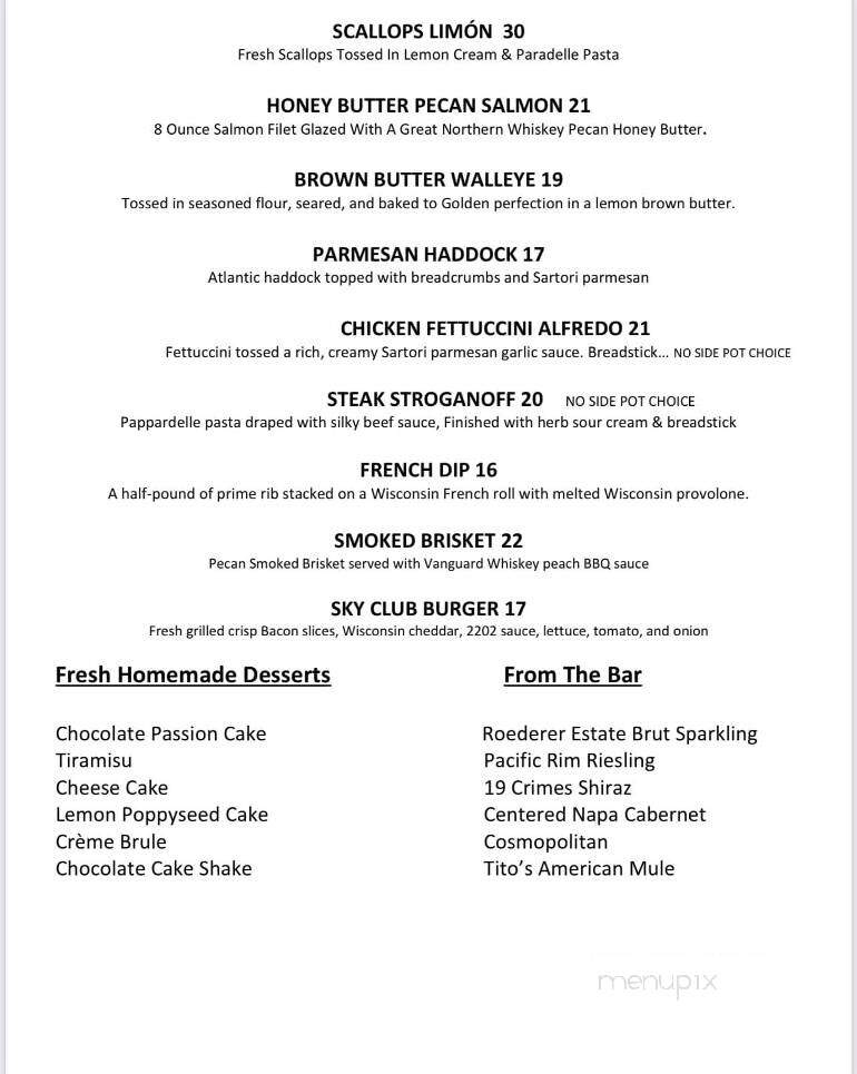 Sky Club - Plover, WI menu_pic