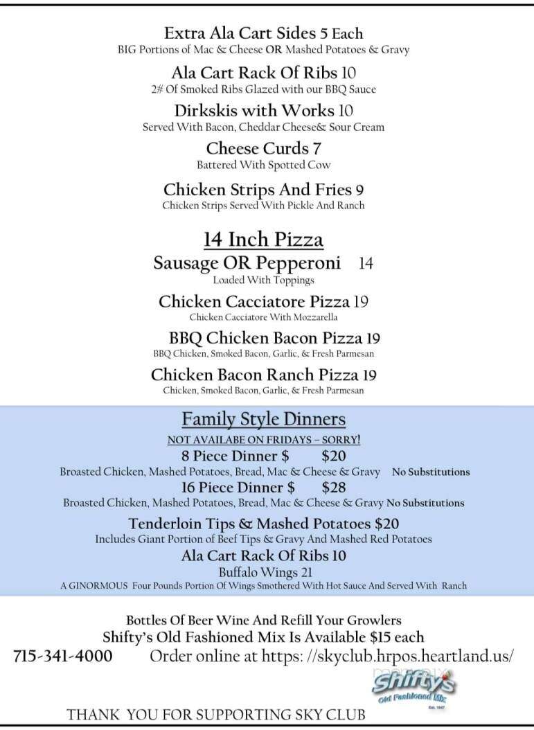 Sky Club - Plover, WI menu_pic