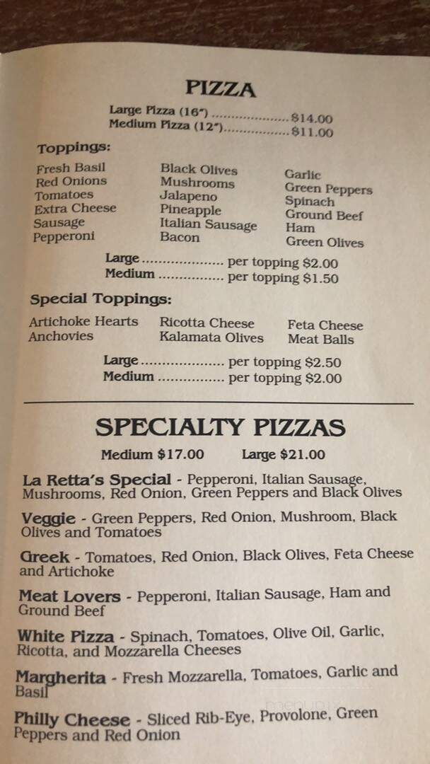 La Retta's Pizzeria - Edisto Beach, SC menu_pic
