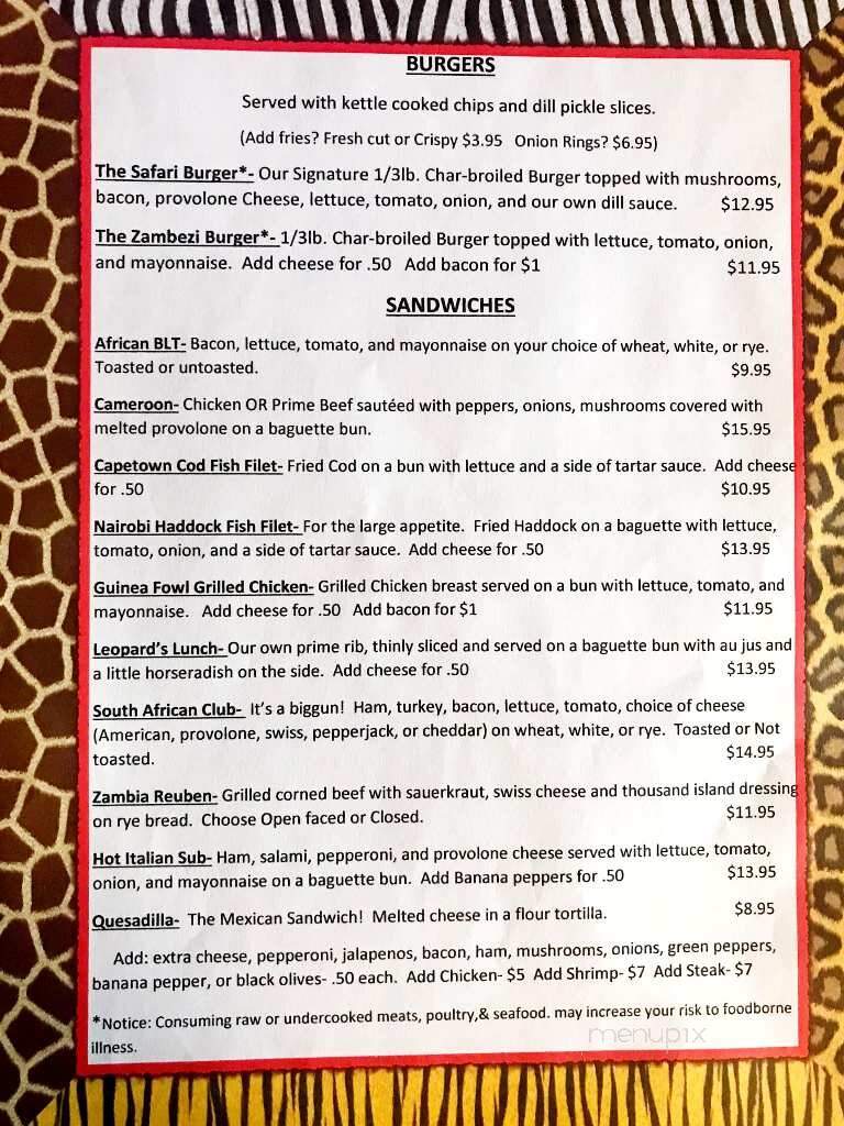 Safari Bar - Meadville, PA menu_pic
