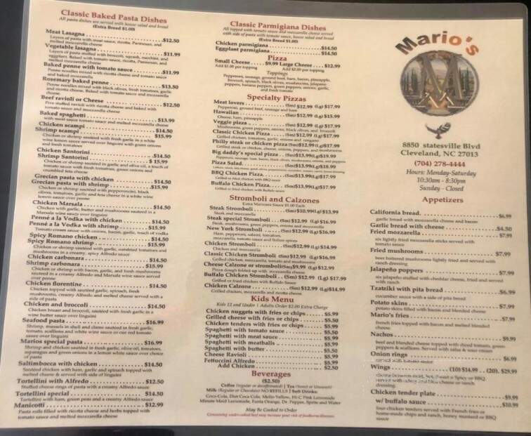 Mario's Family Restaurant - Cleveland, NC menu_pic