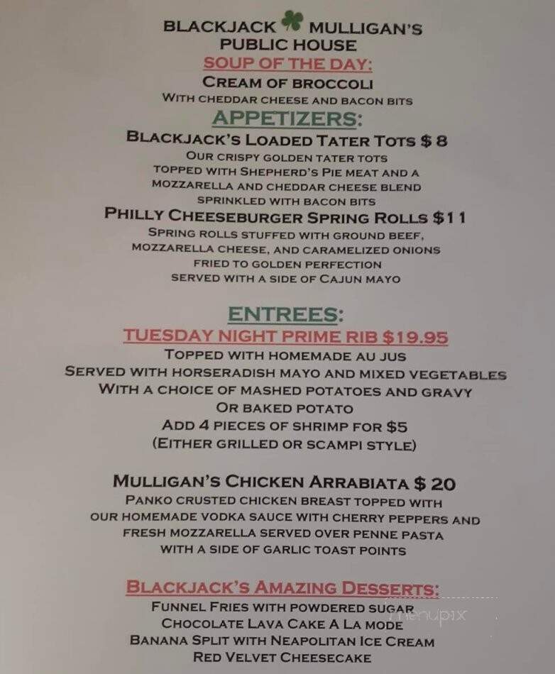 Blackjack Mulligan's Public House - Garfield, NJ menu_pic