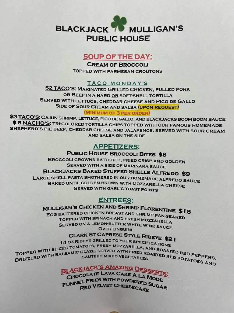 Blackjack Mulligan's Public House - Garfield, NJ menu_pic