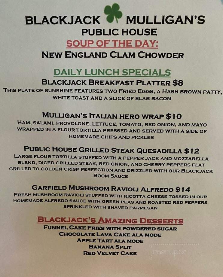 Blackjack Mulligan's Public House - Garfield, NJ menu_pic