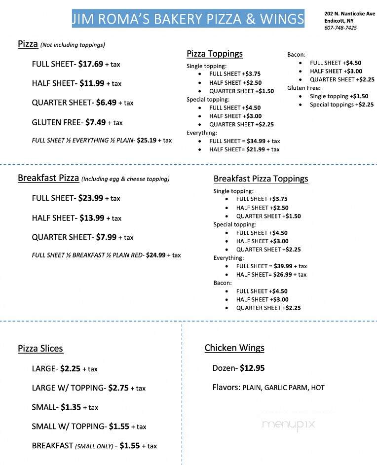 Jim Roma's Bakery - Endicott, NY menu_pic
