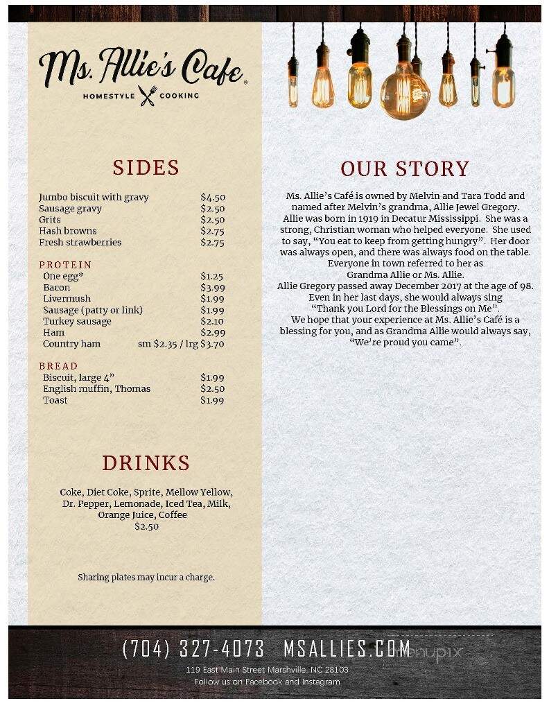 Ms Allie's Cafe - Marshville, NC menu_pic