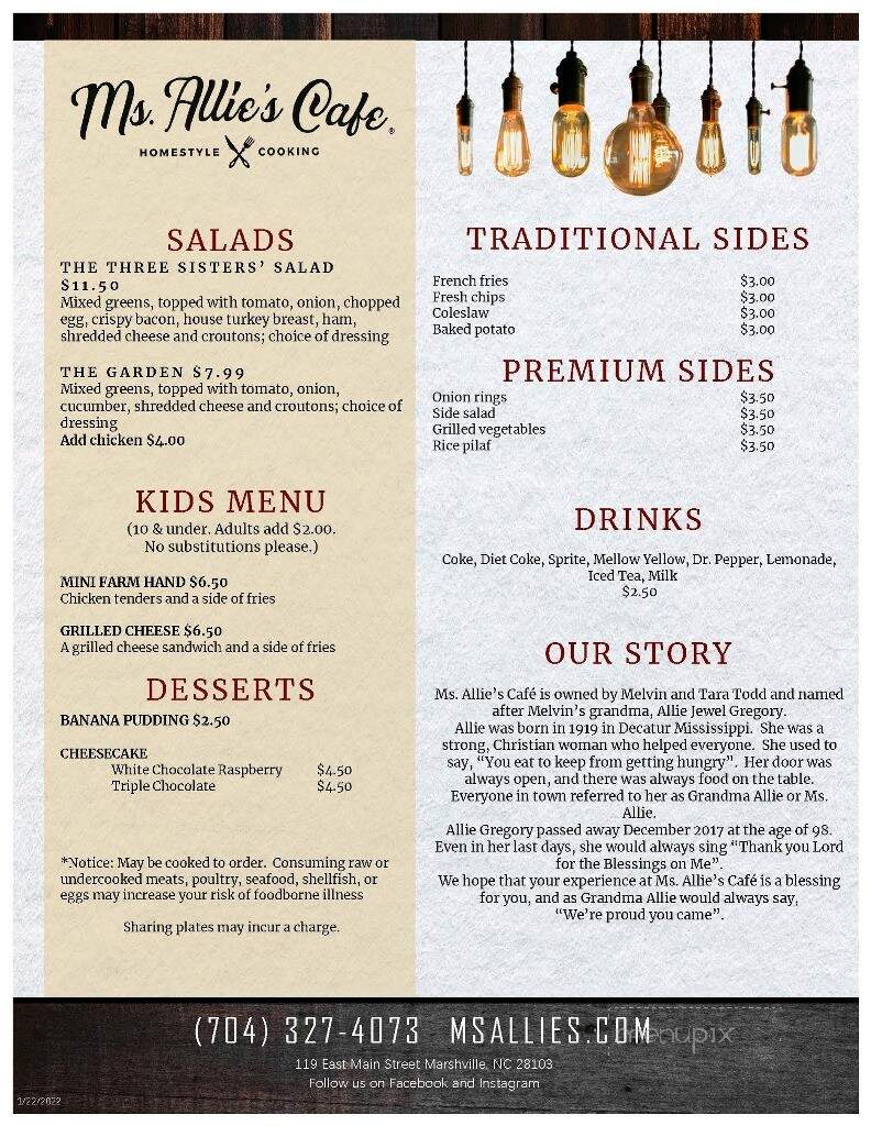 Ms Allie's Cafe - Marshville, NC menu_pic