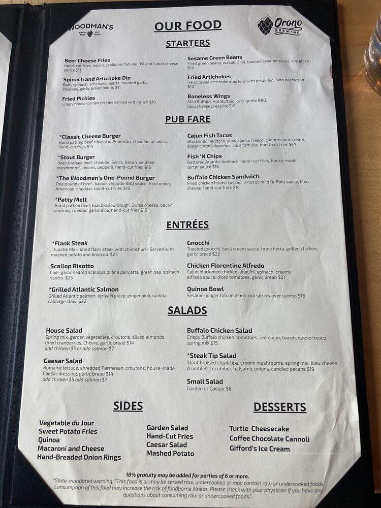 Woodman's Bar & Grill - Orono, ME menu_pic