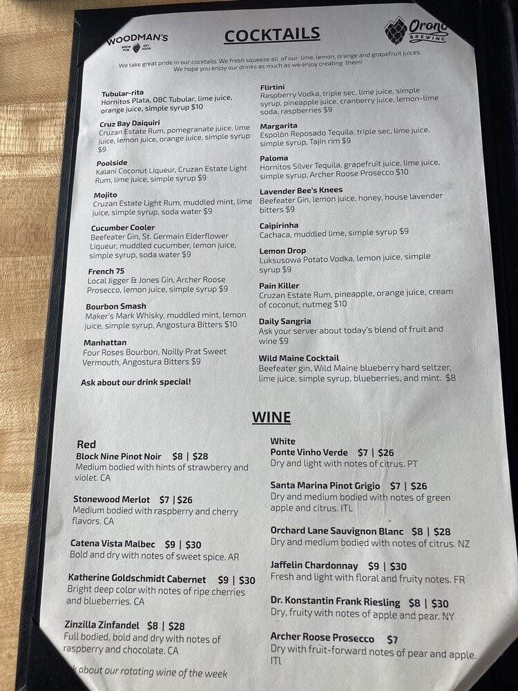 Woodman's Bar & Grill - Orono, ME menu_pic