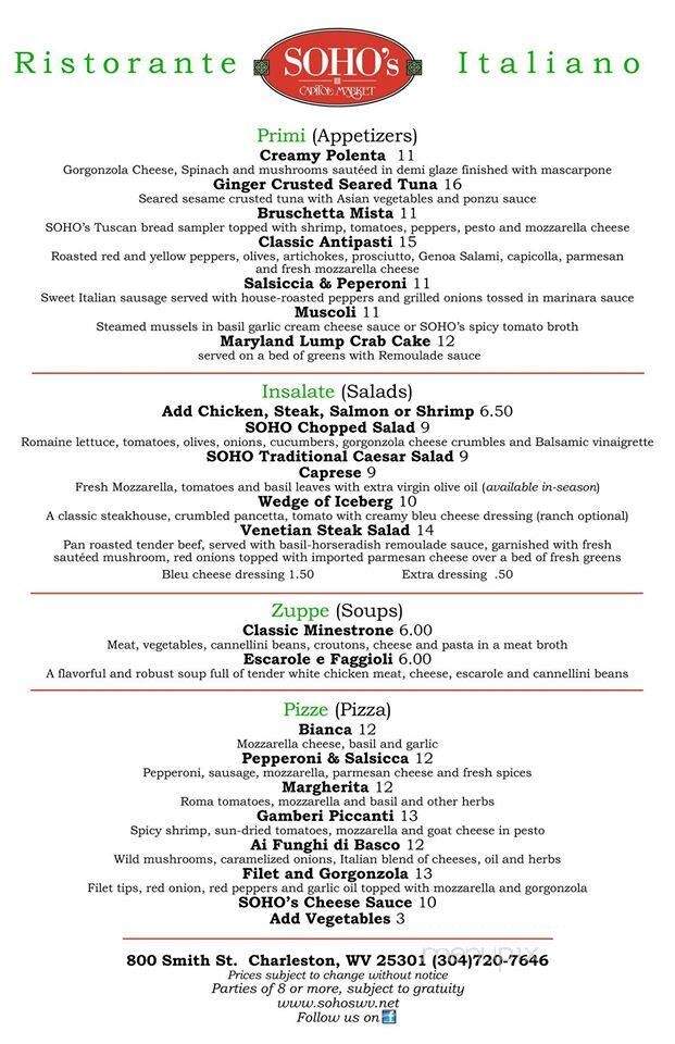 Soho's Italian Restaurant - Charleston, WV menu_pic