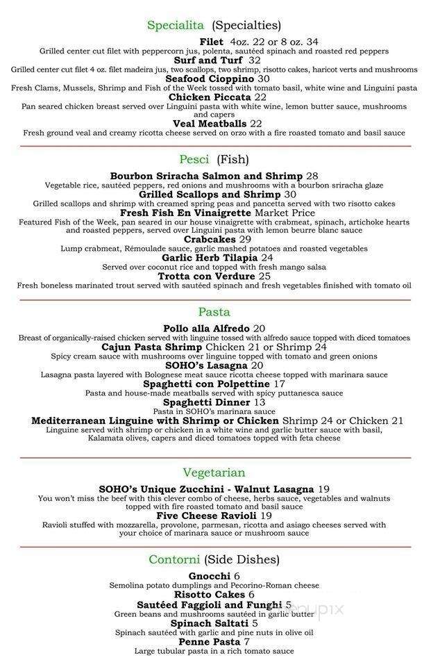 Soho's Italian Restaurant - Charleston, WV menu_pic