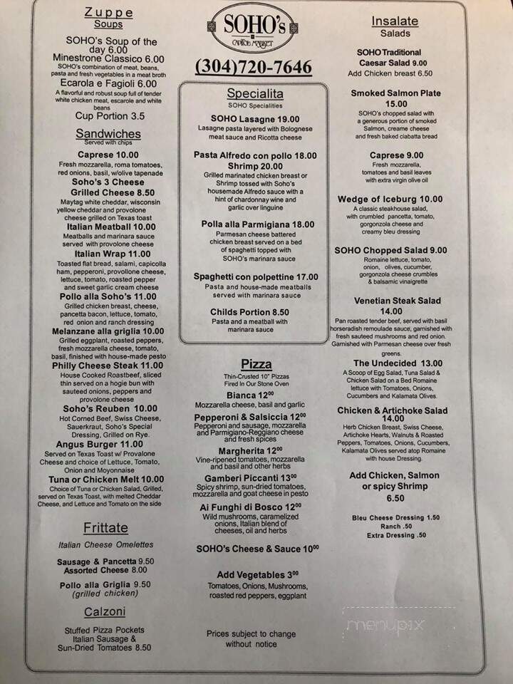 Soho's Italian Restaurant - Charleston, WV menu_pic