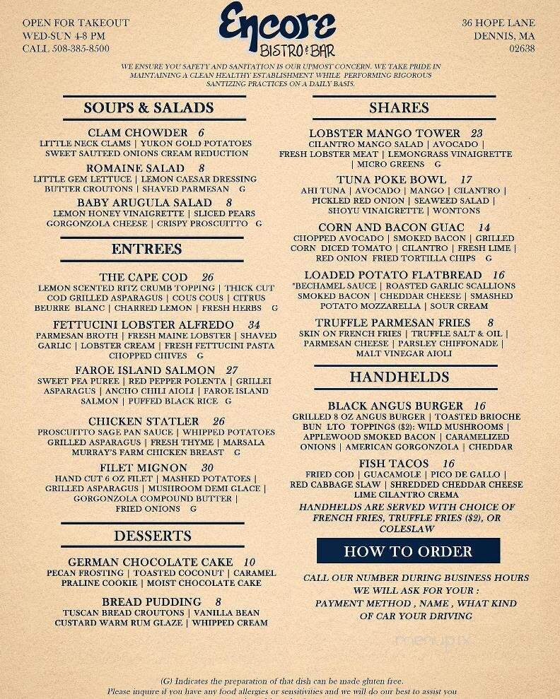 Encore Bistro & Bar - Dennis, MA menu_pic