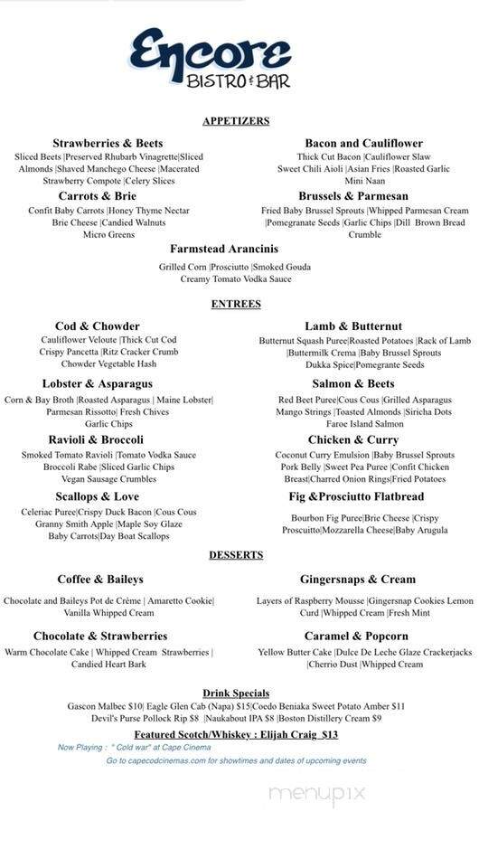 Encore Bistro & Bar - Dennis, MA menu_pic