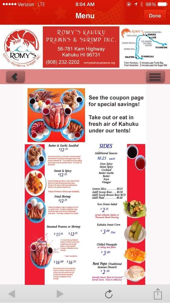 Romy's Kahuku Prawns & Shrimp - Kahuku, HI menu_pic