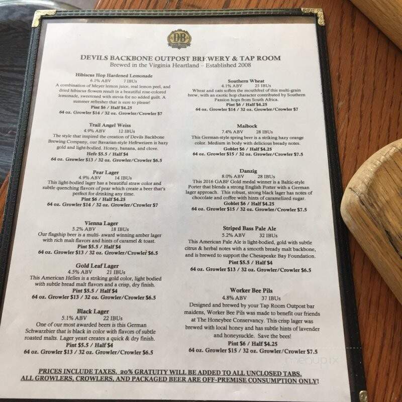 Devils Backbone Outpost Brewery - Lexington, VA menu_pic