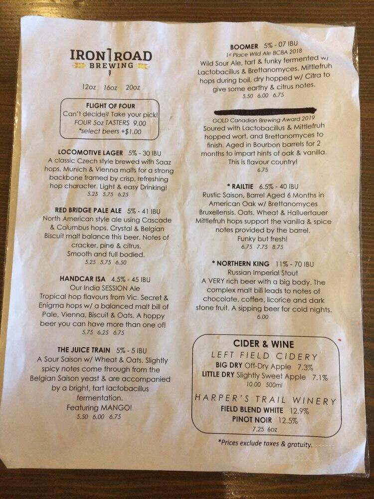 Iron Road Brewing - Kamloops, BC menu_pic
