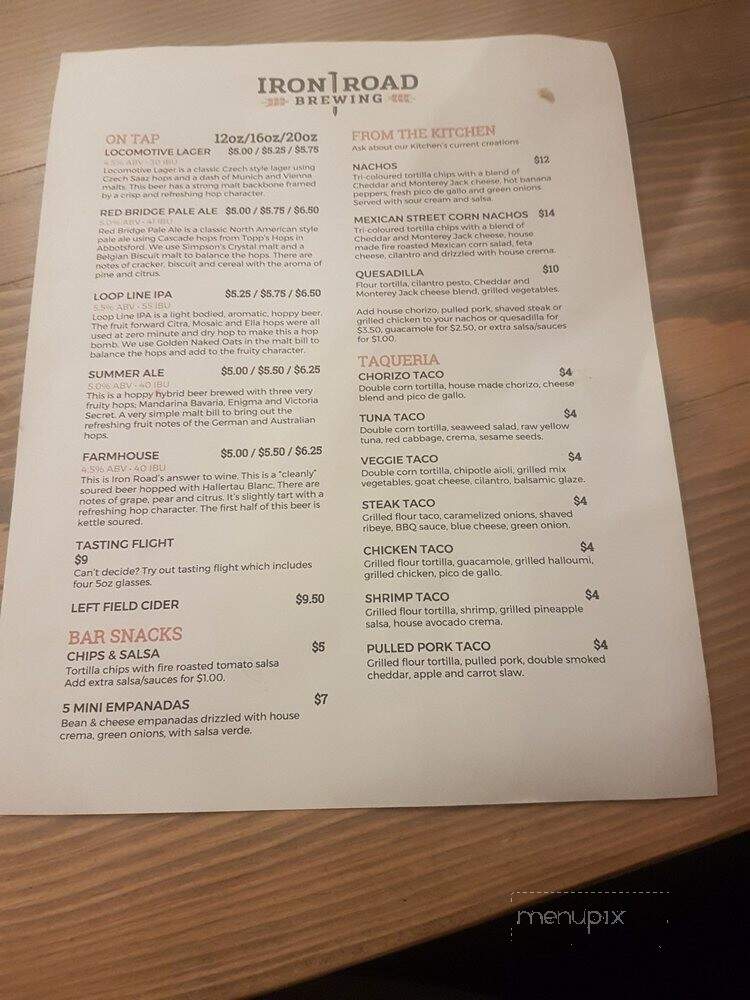 Iron Road Brewing - Kamloops, BC menu_pic