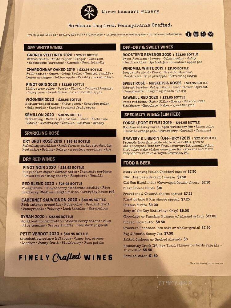 Three Hammers Winery - Hawley, PA menu_pic