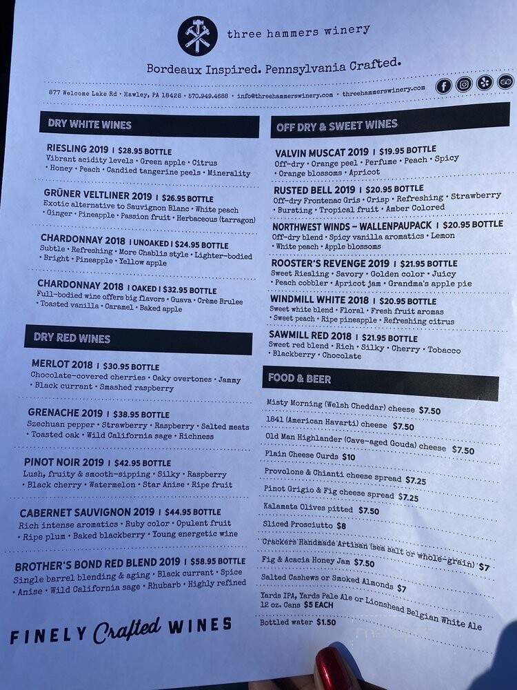 Three Hammers Winery - Hawley, PA menu_pic