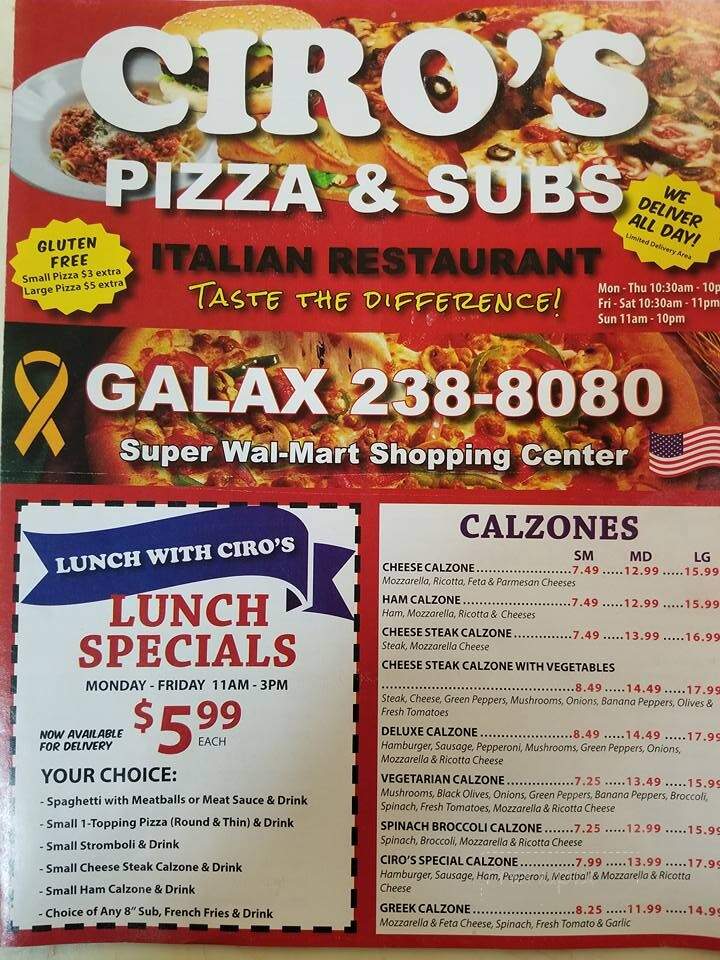 Ciro's Pizza & Subs - Galax, VA menu_pic