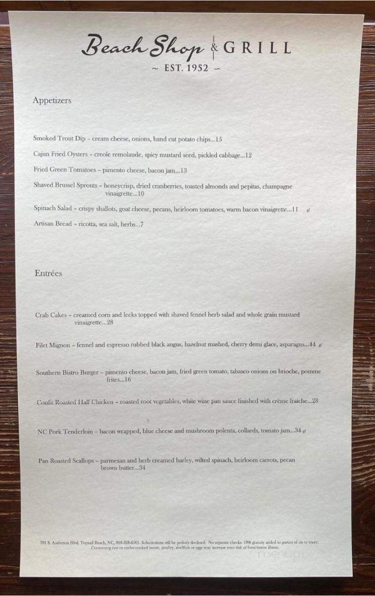 Beach Shop & Grill - Topsail Beach, NC menu_pic