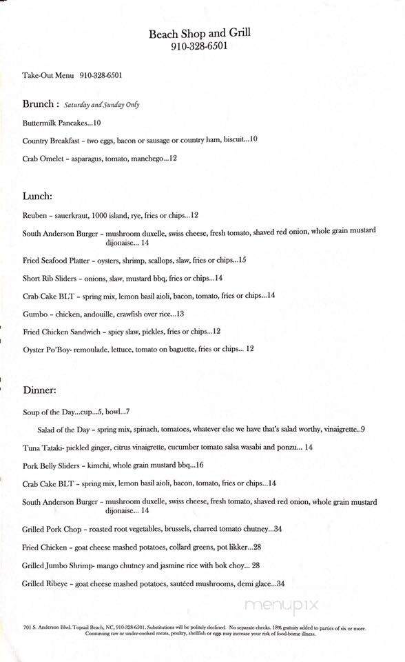 Beach Shop & Grill - Topsail Beach, NC menu_pic
