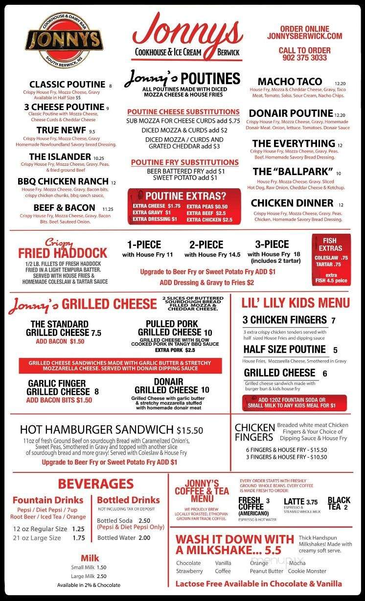Jonny's Cookhouse and Ice Cream Shop - Berwick, NS menu_pic