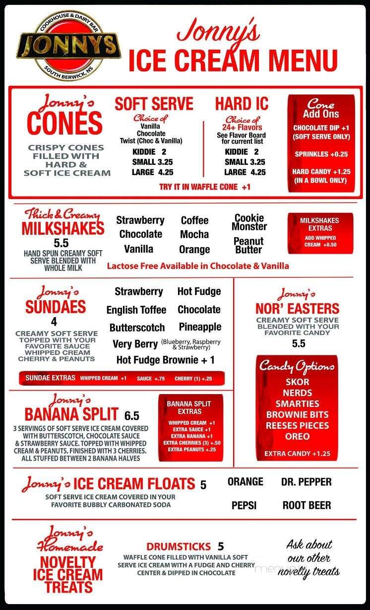 Jonny's Cookhouse and Ice Cream Shop - Berwick, NS menu_pic