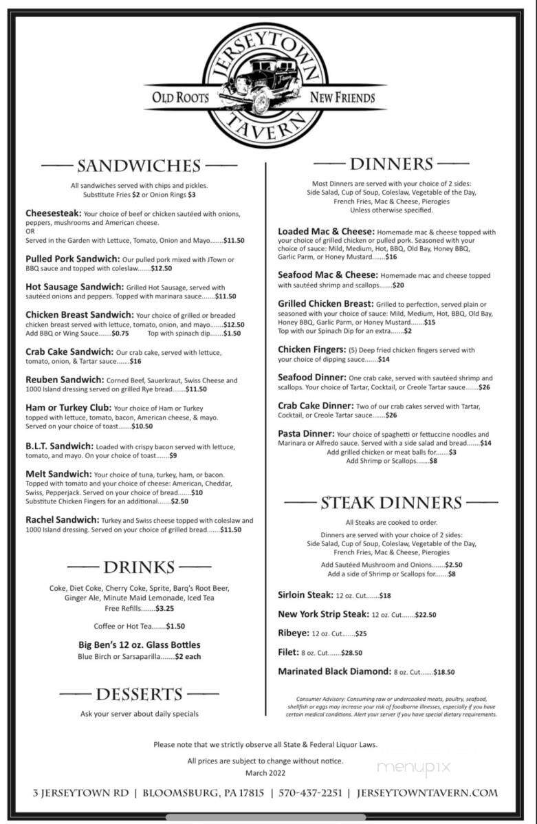 Jerseytown Tavern - Bloomsburg, PA menu_pic