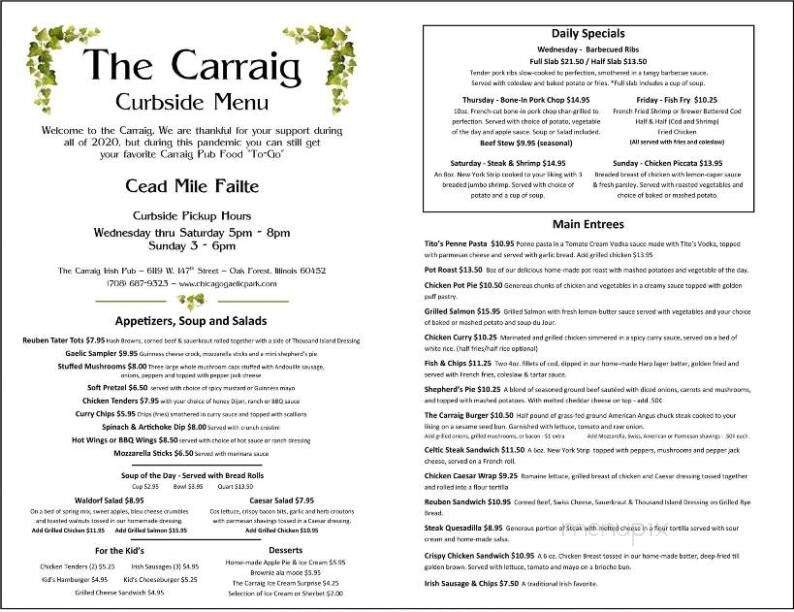 Carraig Pub at Chicago Gaelic Park - Oak Forest, IL menu_pic