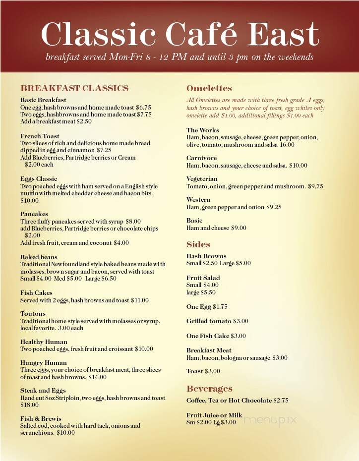 Classic Cafe East - Saint John's, NL menu_pic