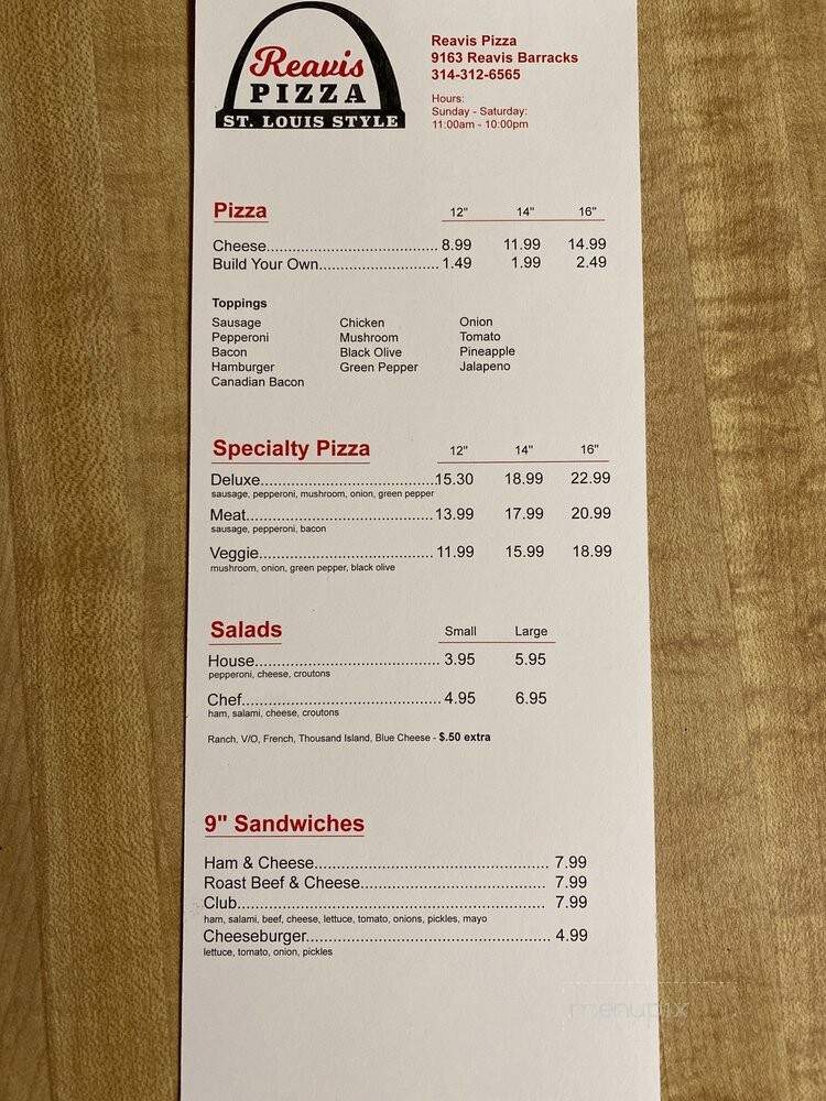 Reavis Pizza - St Louis, MO menu_pic