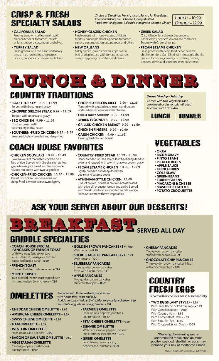 Coach House Restaurant - Simpsonville, SC menu_pic